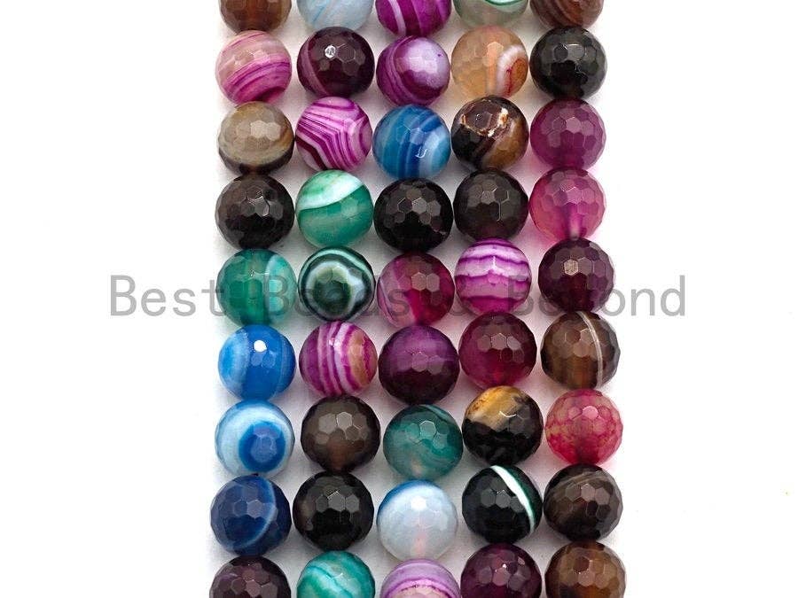 High Quality Faceted Colorful Banded Agate beads, 6mm/8mm/10mm/12mm Rainbow Agate Gemstone beads, 15.5inch strand, SKU#U454