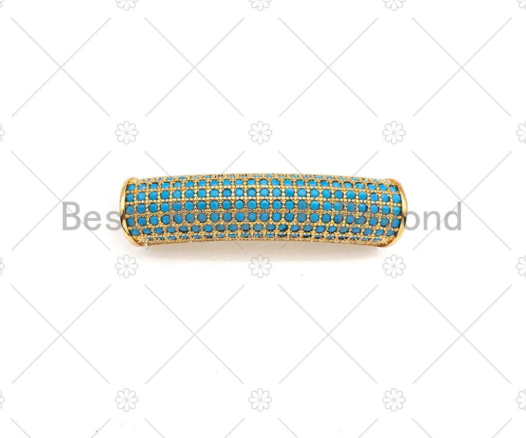 Turquoise CZ Micro Pave Half Full Pave Tube for Bracelet/Necklace, CZ Spacer in Silver/Gold/Rose Gold/ Black, Tube Beads, 38x8mm,sku#ML12