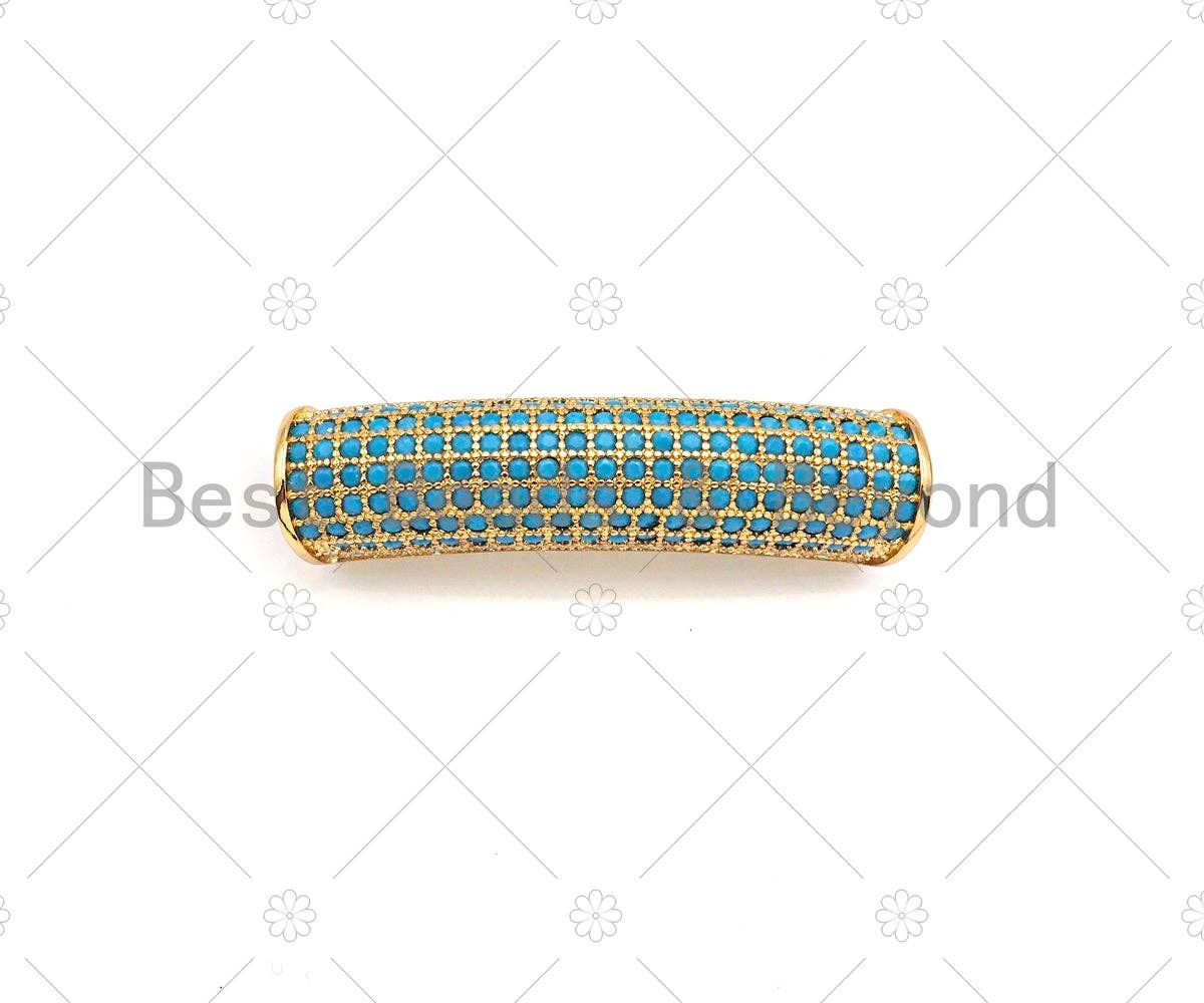 Turquoise CZ Micro Pave Half Full Pave Tube for Bracelet/Necklace, CZ Spacer in Silver/Gold/Rose Gold/ Black, Tube Beads, 38x8mm,sku#ML12