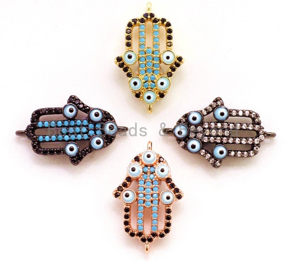 CZ Micro Pave Turquoise Hollow Evil Eye Hamsa Hand Connector, Cubic Zirconia Space Connector,13x21mm, sku#E10