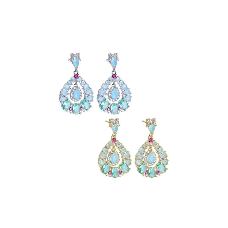 Gold Silver blue Green Oval statement Earrings, Sku#Y921
