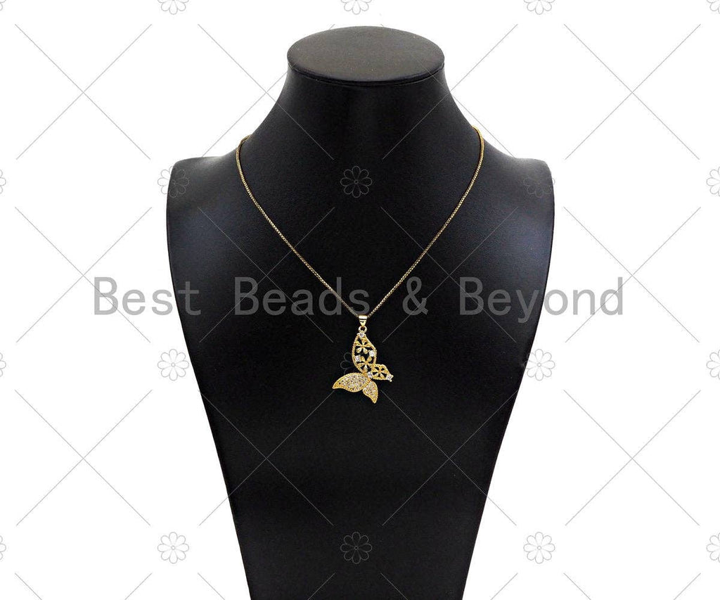 Gold Filled CZ Micro Pave Flower On Butterfly Shape Pendant, 18K Gold Filled ButterflyCharm, Necklace Bracelet Pendant,28x35mm,Sku#LD100