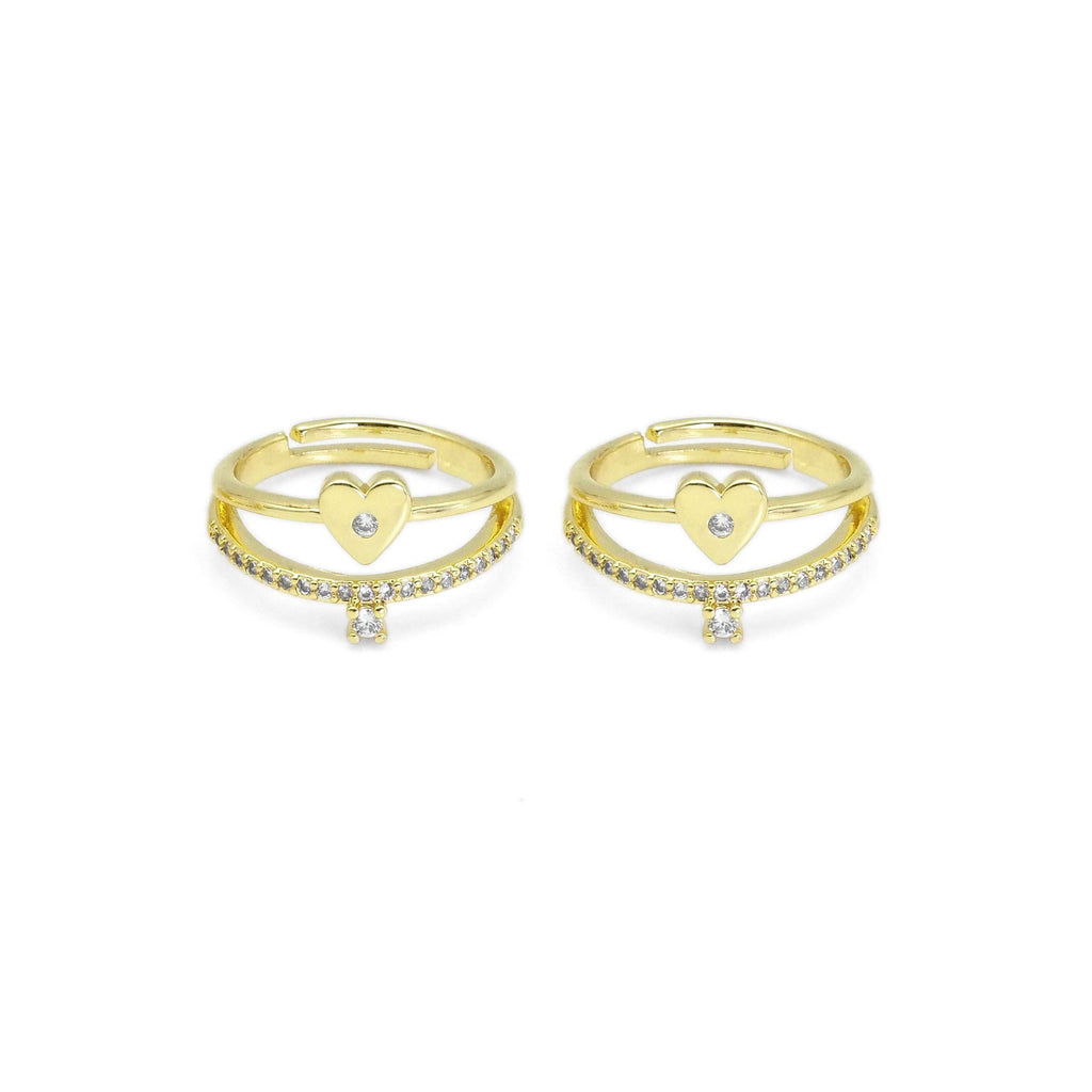 Gold CLear CZ Heart Double Line Adjustable Ring, Sku#LD448