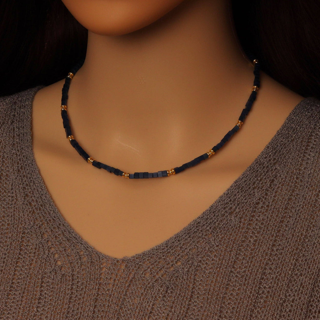 Royal Blue Cube Gemstone Gold Spacer Necklace, EF538