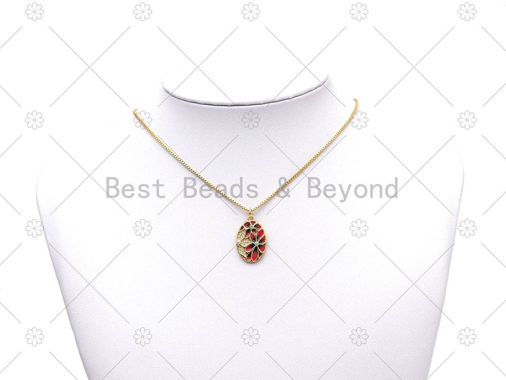 CZ Micro Pave and Enamel Flower On Oval Shape Pendant, 18K Gold Filled Flower Charm, Necklace Bracelet Charm Pendant, Sku#Y570