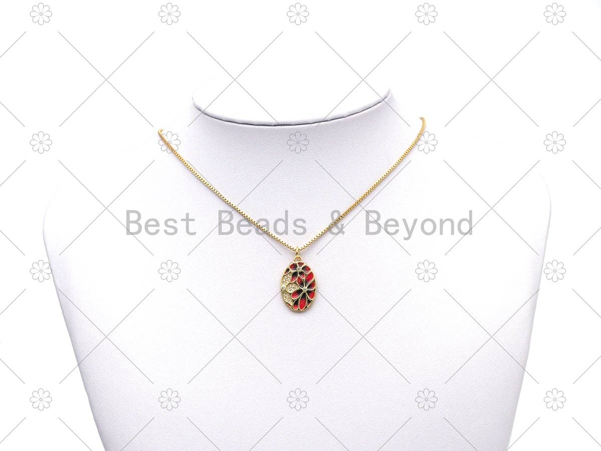 CZ Micro Pave and Enamel Flower On Oval Shape Pendant, 18K Gold Filled Flower Charm, Necklace Bracelet Charm Pendant, Sku#Y570