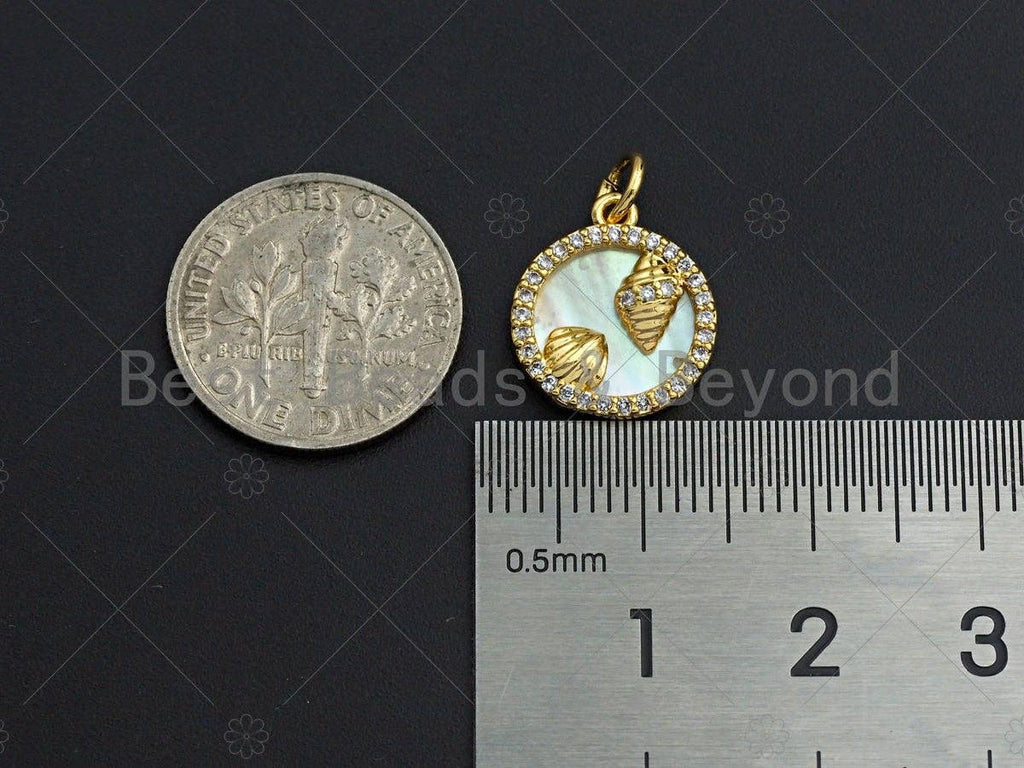 18K Gold CZ Micro Pave Sea Shell Inlay Charm, Mother-of-pearl Seashell Pendant Charm, Cubic Zirconia Charm, 12mm, sku#Z1128
