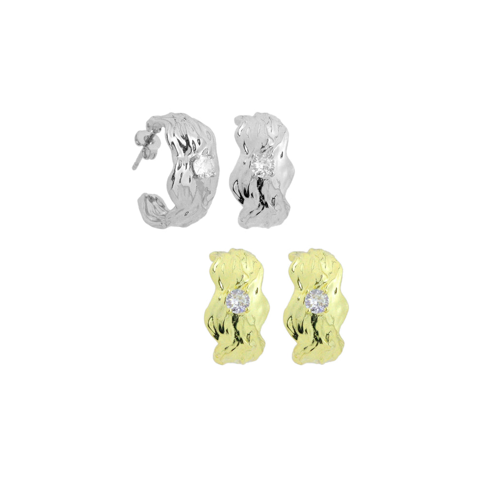 Silver Gold Hammered Hoop Earrings with Diamond, Sku#A469