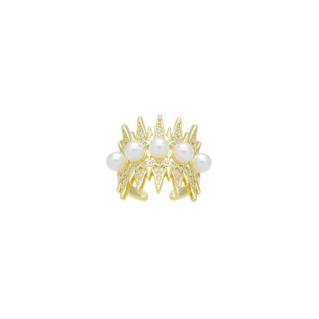 Clear CZ White Pearl Triangle Spike Adjustable Ring, Sku#LD613
