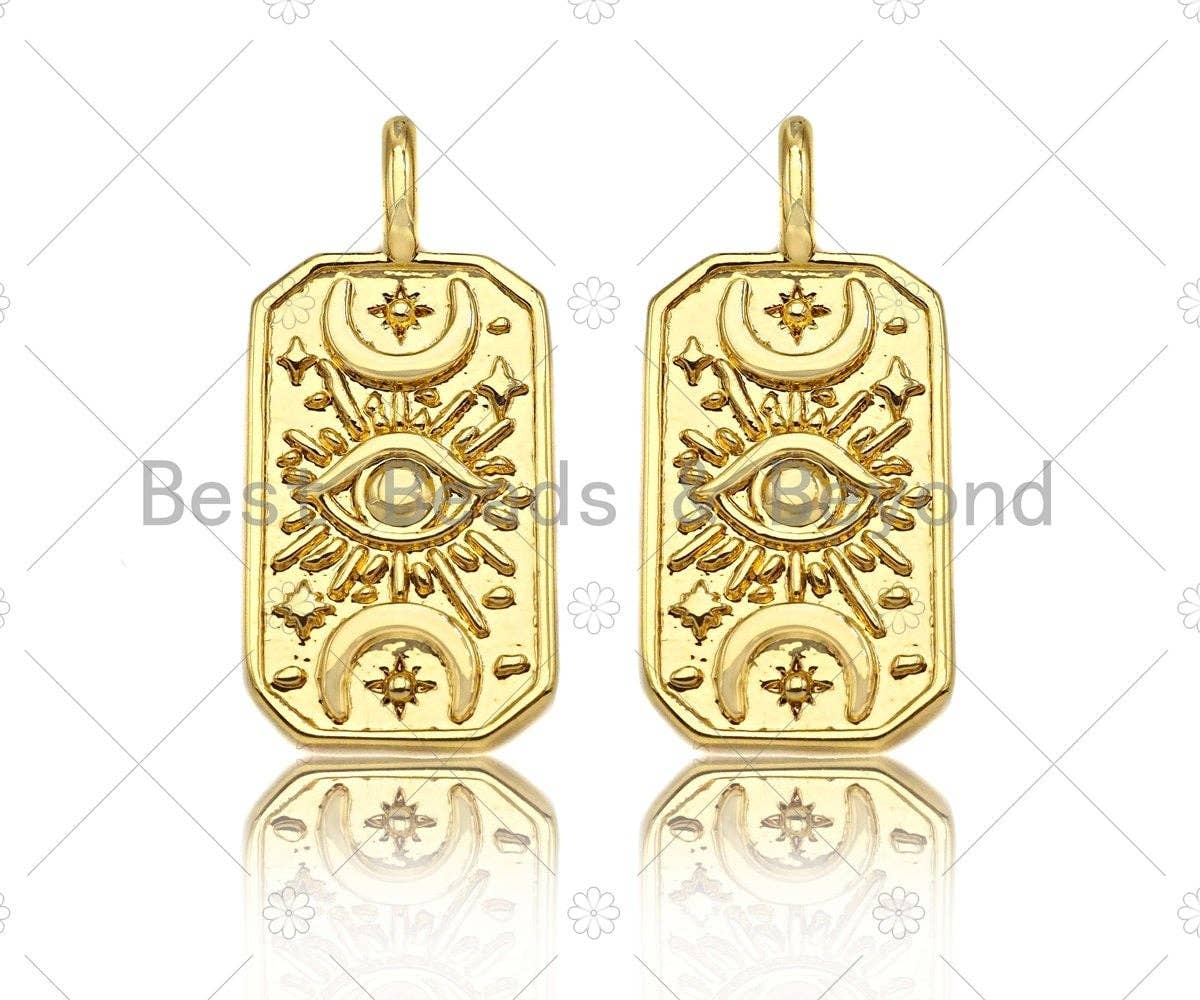 18K Gold Evil Eye Moon On Rectangle Shape Pendant, Gold Medallion Charm, Necklace Bracelet Charm Pendant,12x26mm,Sku#Z1324