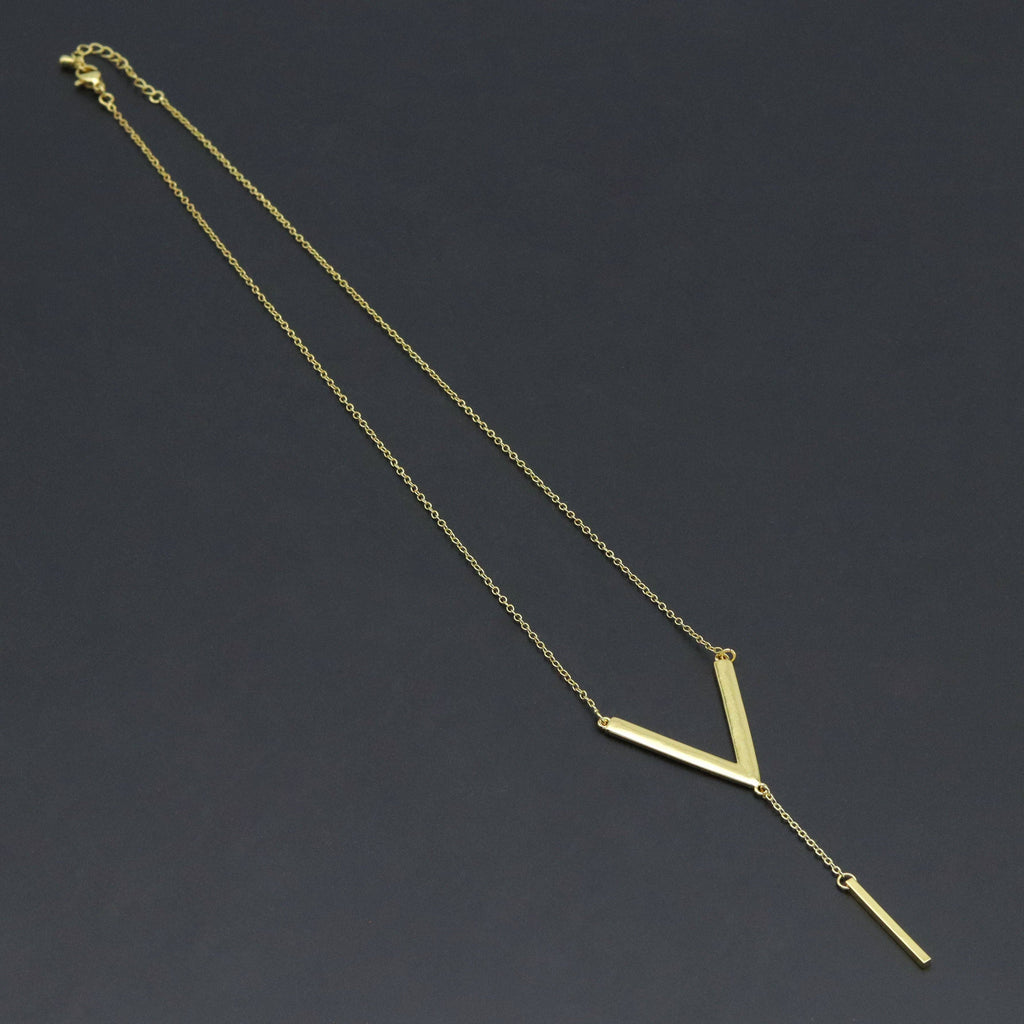 Gold Link V Shape Pendant with Bar Y shape Necklace, Sku#EF626