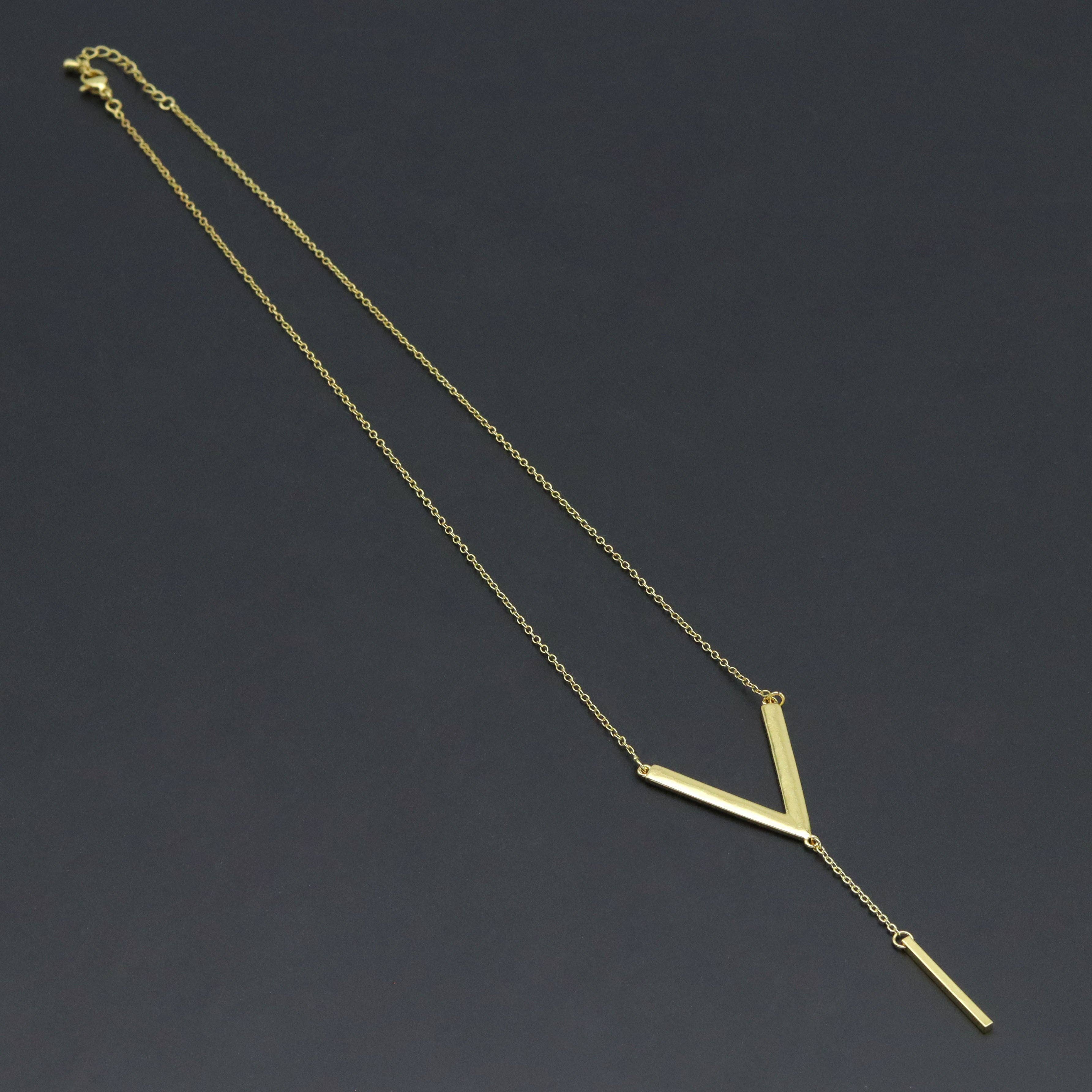 Gold Link V Shape Pendant with Bar Y shape Necklace, Sku#EF626