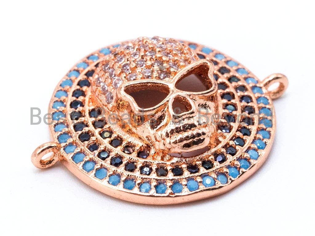 CZ Micro Pave Skull on Round Disc Gold/Silver/Black/ Rose Gold Connector, 20x25x6mm,sku#M40