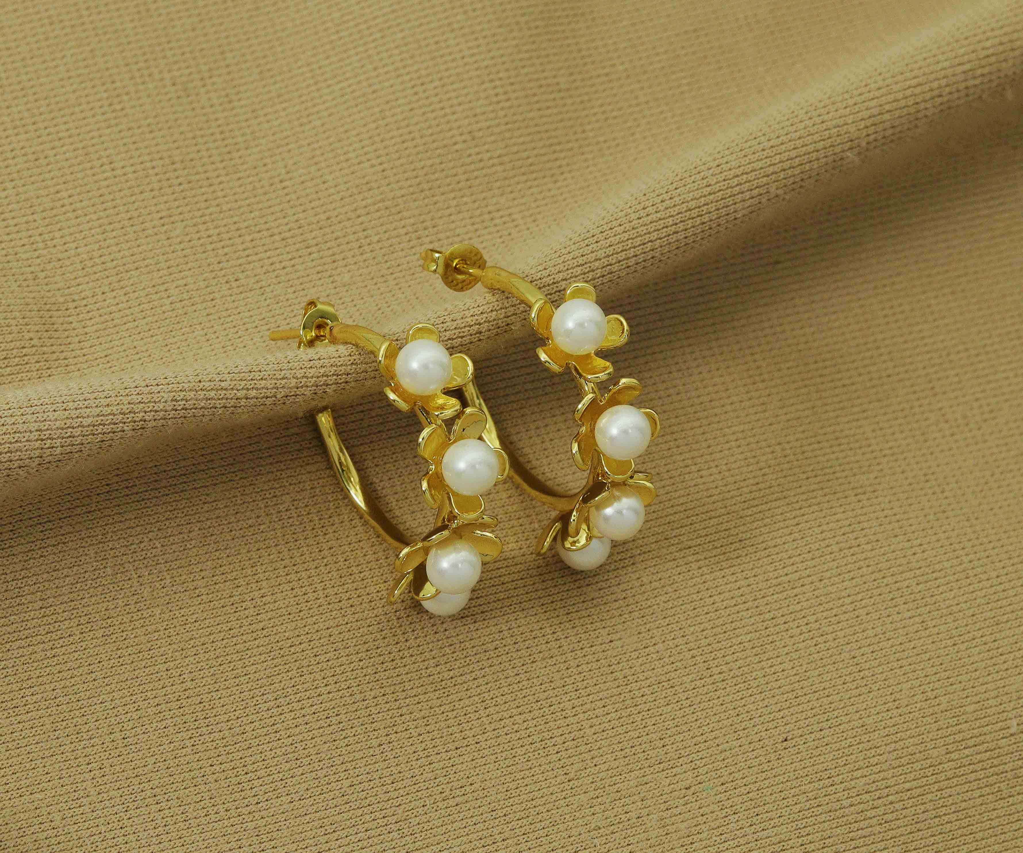 Gold Pearl Huggie Earrings, Sku#J349