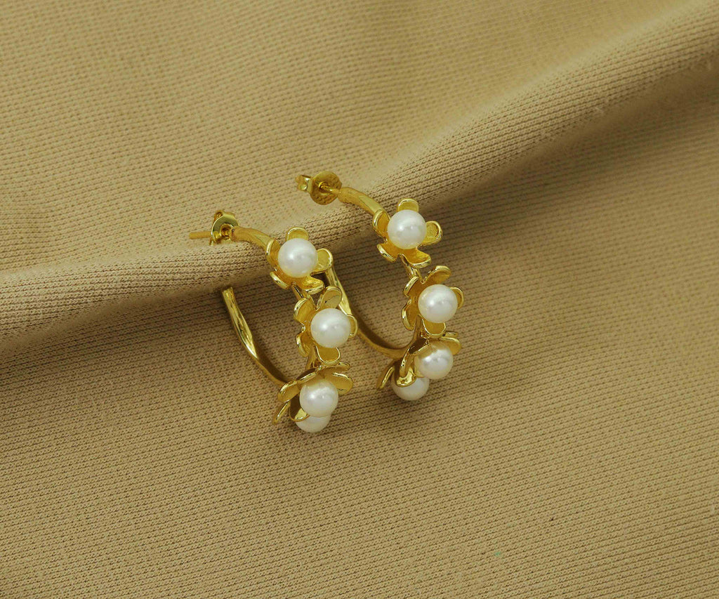 Gold Pearl Huggie Earrings, Sku#J349