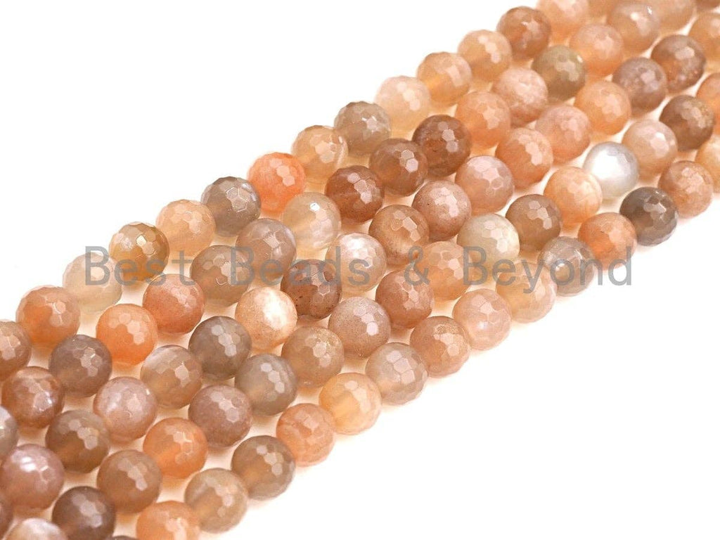 Mystic High Quality Natural Peach Moonstone, 8mm/10mm/12mm Moonstone Round Faceted, 15.5" Full Strand, Sku#U724