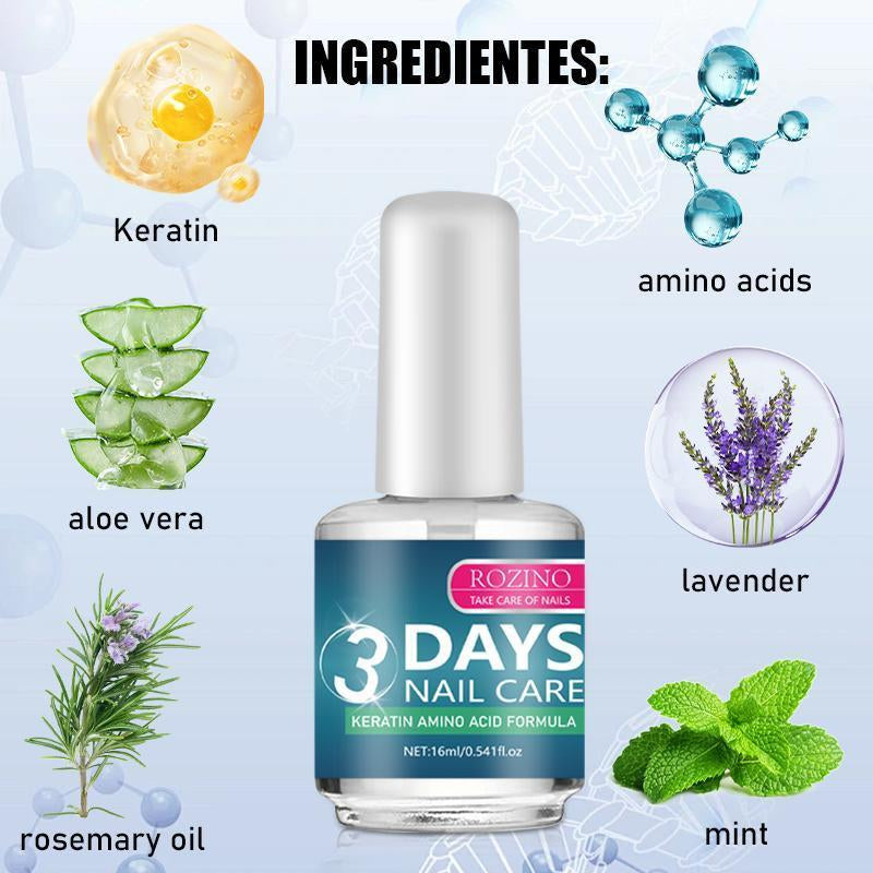 【Buy One, Get Two Free】Rozino 3 Days Nail Care Formula with Keratin Amino Acid & Aloe for Superior Nail Nourishment 16Ml Bottle for Healthy Nails Manicure