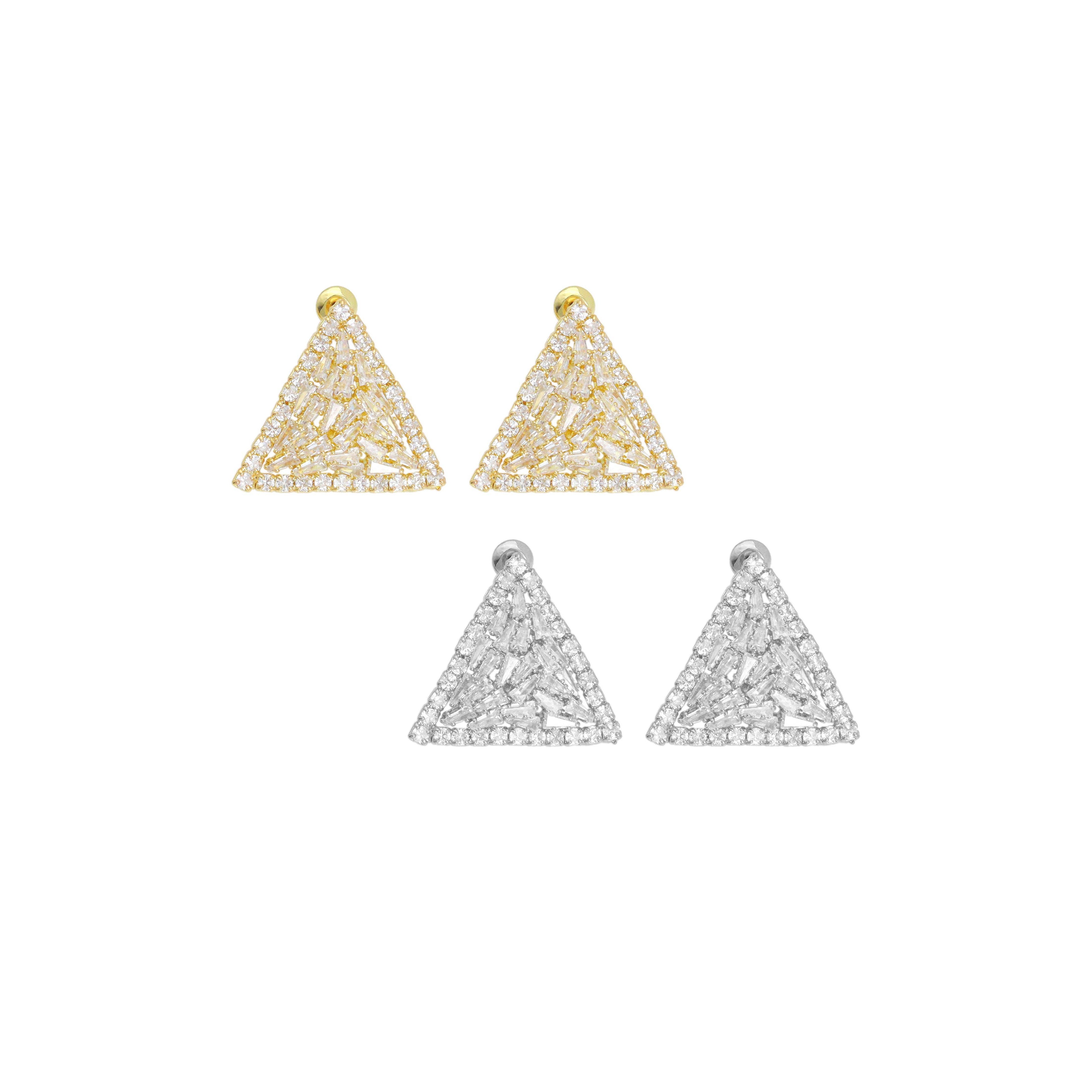 Baguette CZ Gold Silver Triangle Shape Stud Earrings, Sku#L738