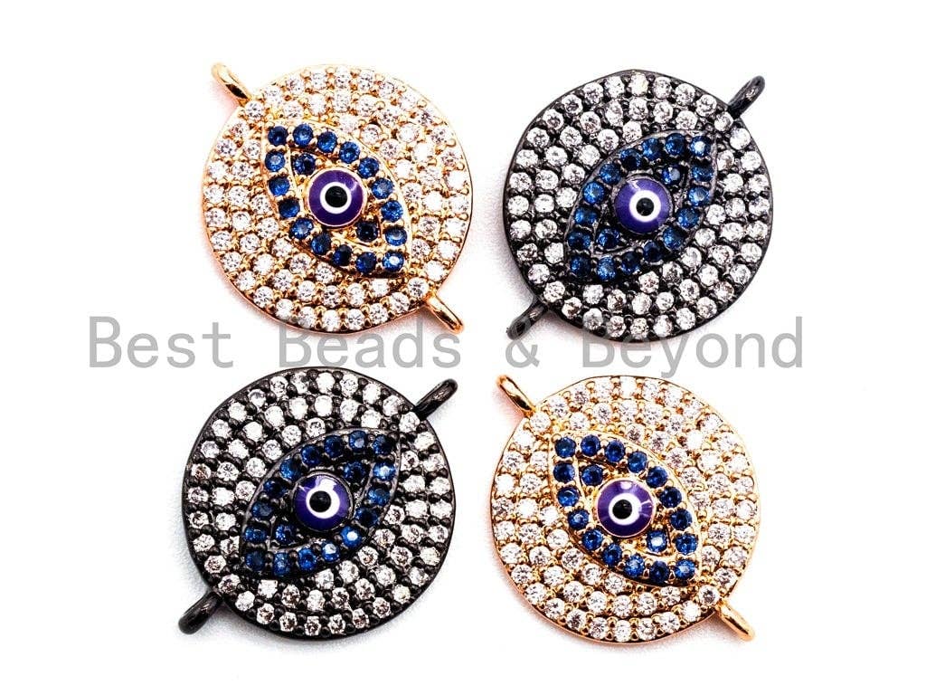 CZ Micro Pave Blue Evil Eyes Coin Connector Beads, Cubic Zirconia Space Connector, Micro pave findings 15x20mm,sku#E354