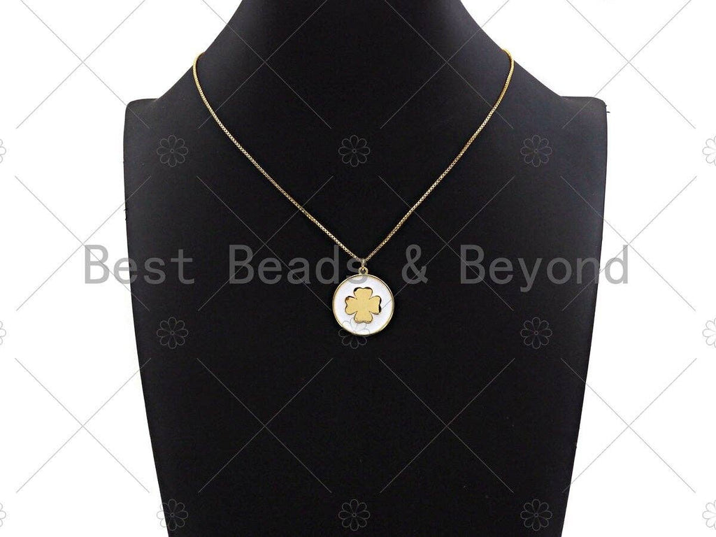 White Enamel Clover On Round Coin Pendant, Gold/Silver Enamel Pendant, Enamel Jewelry, 24x27mm, Sku#Z1215