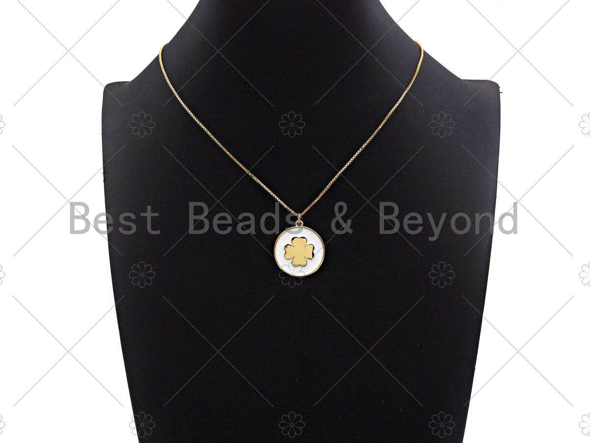 White Enamel Clover On Round Coin Pendant, Gold/Silver Enamel Pendant, Enamel Jewelry, 24x27mm, Sku#Z1215