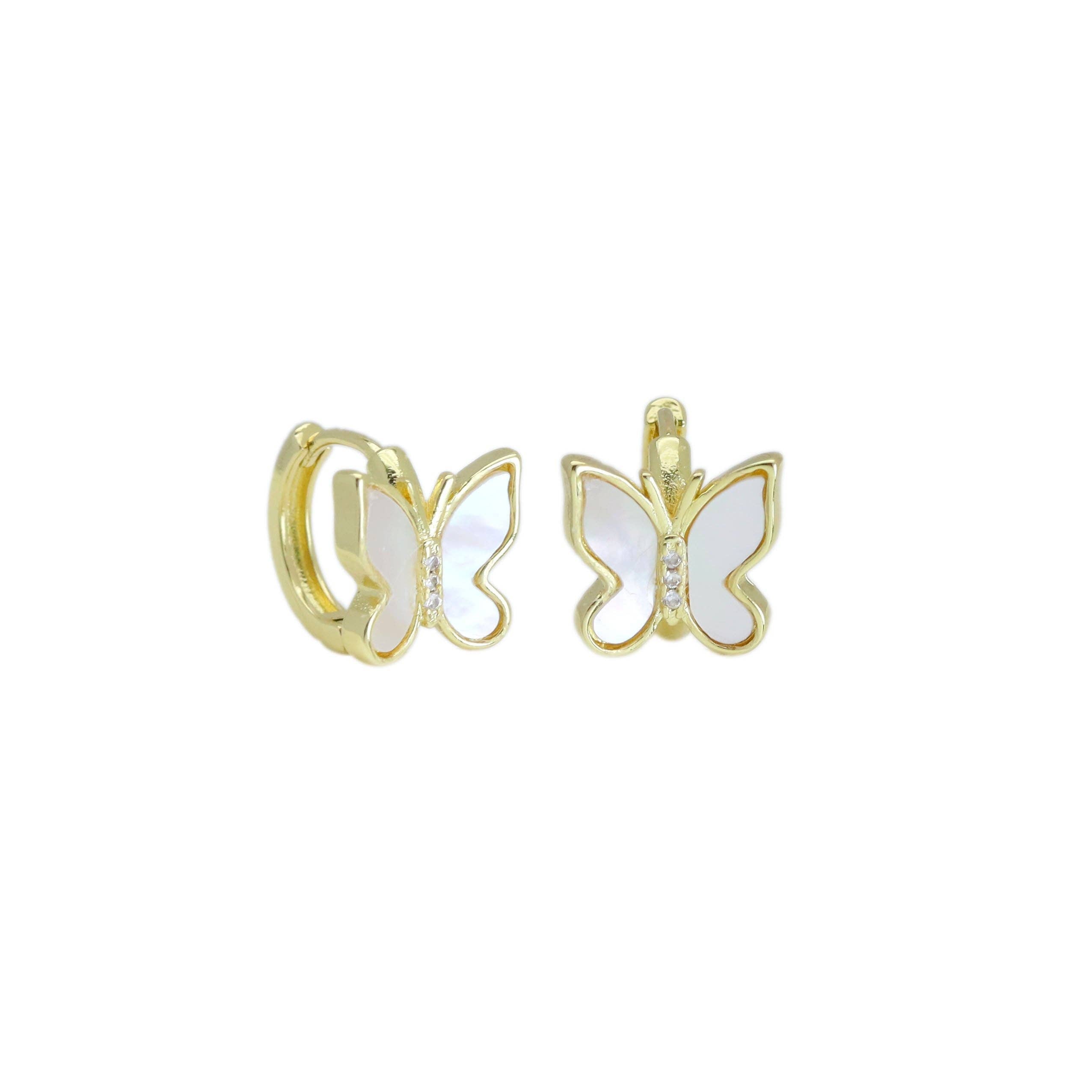 Gold Mother of Pearl Butterfly Huggie Earrings, Sku#LK957