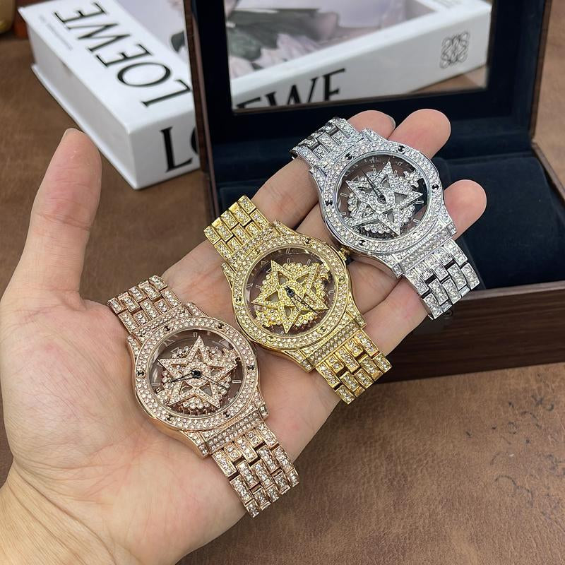Luxury Watches for Ladies and Gentlemen Luxury round Dial Diamond-Encrusted with Rotating Star Design Quartz Watch - Fashionable Sparkling & Versatile Timeless Classic Design with Adjustment Tool Birthday Gifts