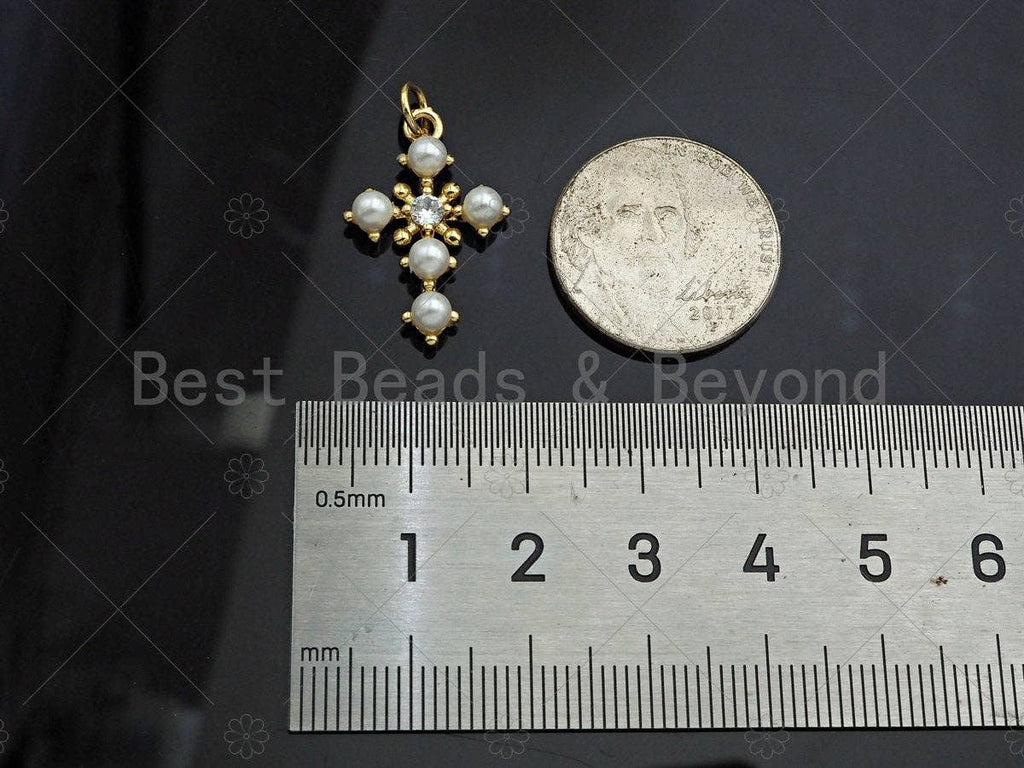 Gold Filled CZ Micro Pave Pearl On Cross Shape Pendant, 18k Gold Filled Mother of Pearl Charm, Necklace Bracelet Pendant, 23x15mm,Sku#LD103