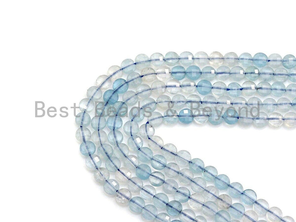 4mm High Quality Natural Aquamarine Faceted Coin Shape beads, Checkboard Cut Aquamarine, 15.5"Full Strand, sku#U791