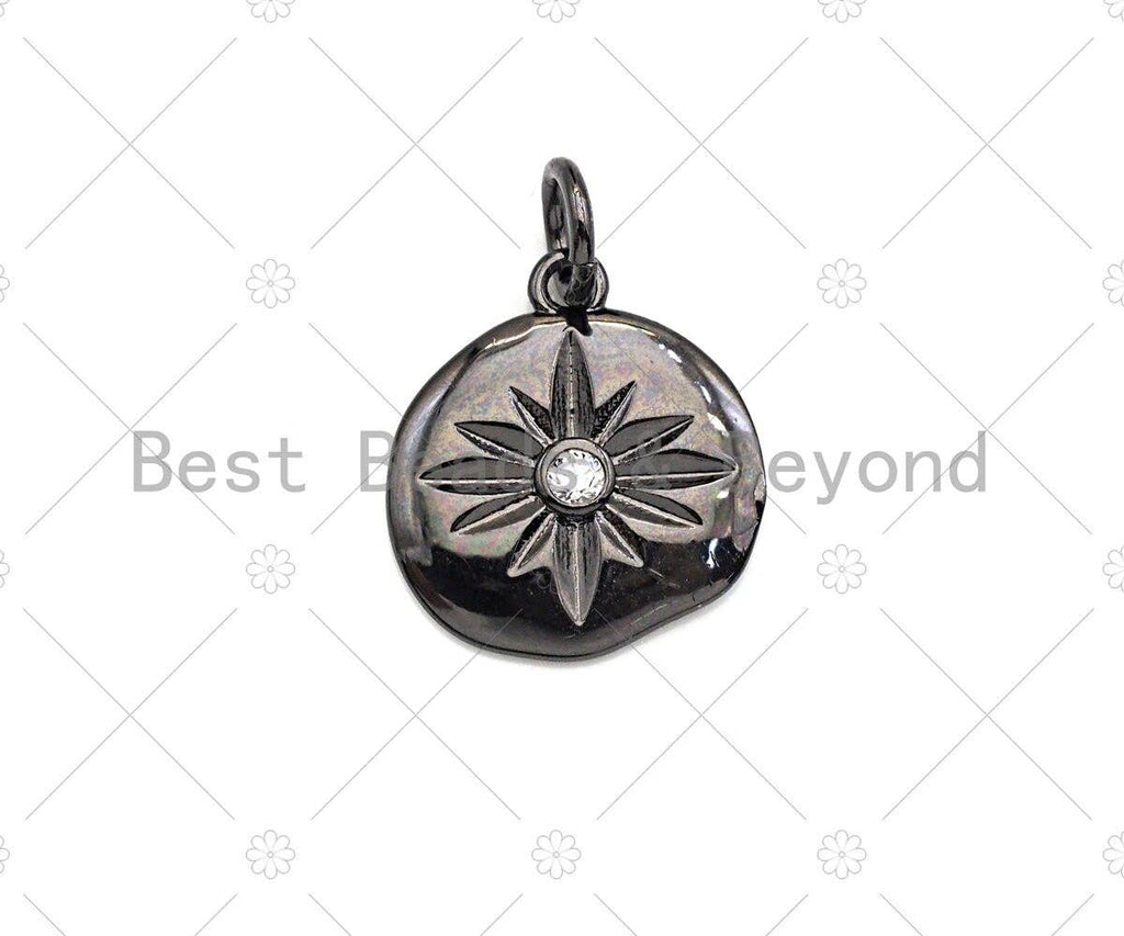 Clear CZ Micro Pave North Star Coin Pendant/Charm,Star Cubic Zirconia Pendant, Silver/Gold /Rose Gold/Black Tone, 13x14mm,Sku#F1169