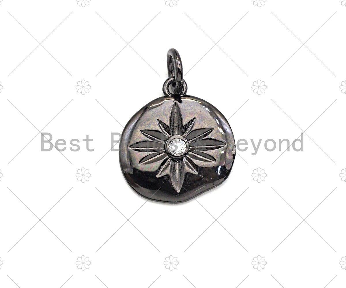 Clear CZ Micro Pave North Star Coin Pendant/Charm,Star Cubic Zirconia Pendant, Silver/Gold /Rose Gold/Black Tone, 13x14mm,Sku#F1169