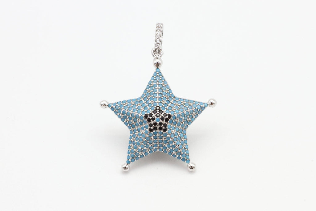 CZ Micro Pave 28x36mm Turquoise Star Pendant/Charm, Cubic Zirconia Pendant/Charm for Necklace Bracelet, Fashion Jewelry Findings, sku#F5
