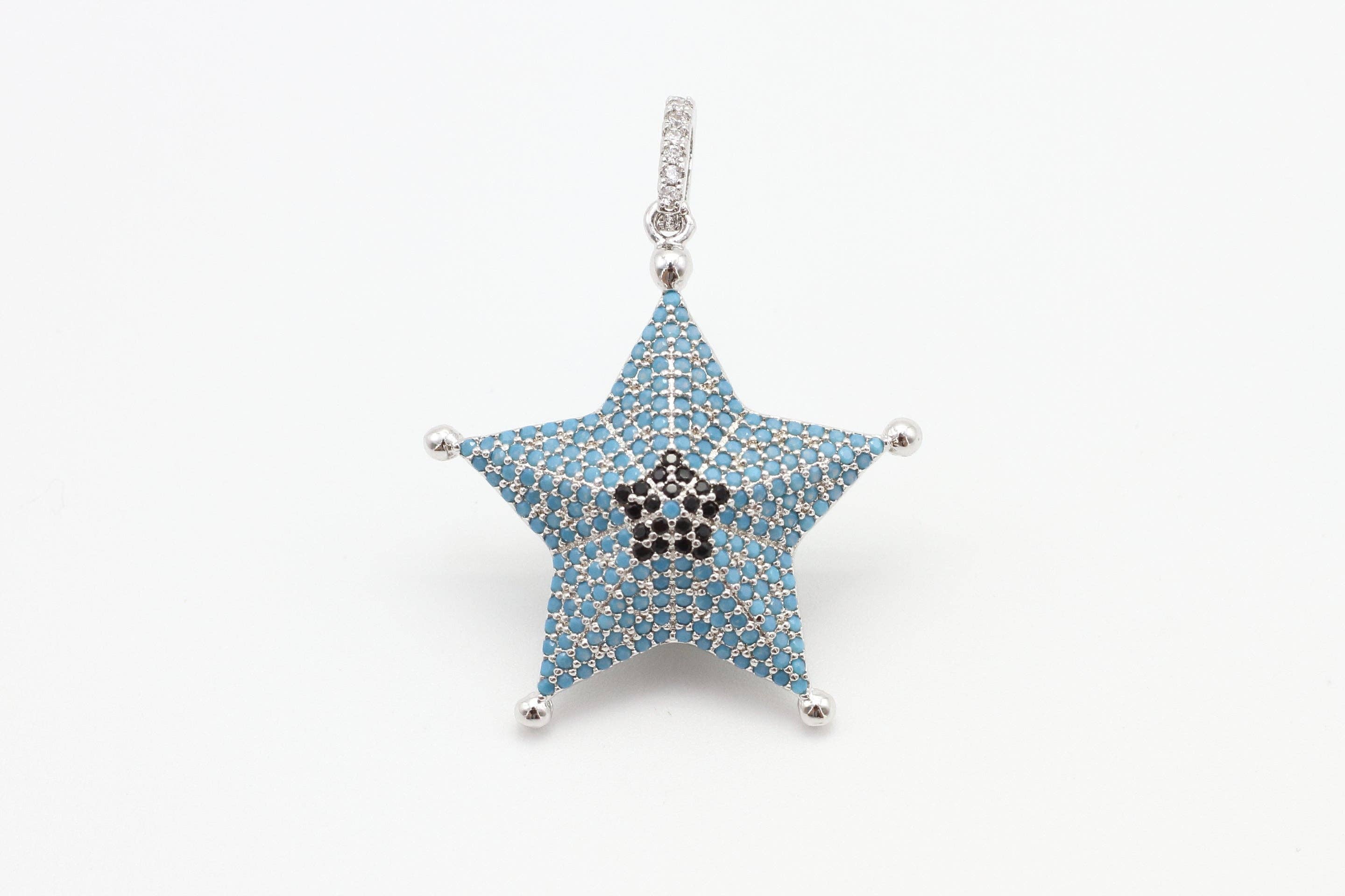 CZ Micro Pave 28x36mm Turquoise Star Pendant/Charm, Cubic Zirconia Pendant/Charm for Necklace Bracelet, Fashion Jewelry Findings, sku#F5