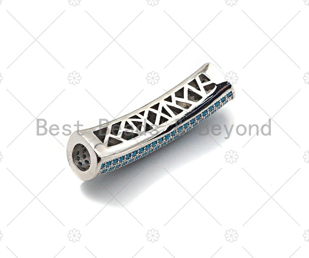 Turquoise CZ Micro Pave Half Full Pave Tube for Bracelet/Necklace, CZ Spacer in Silver/Gold/Rose Gold/ Black, Tube Beads, 38x8mm,sku#ML12