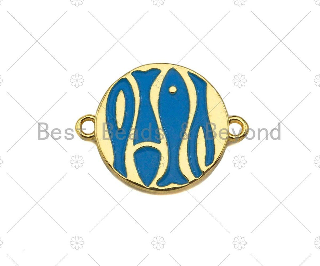 Enamel Turquoise Blue Fish Shape On Round Coin Connector,Dainty Gold Round Connector,Enamel Jewelry,19x15mm,Sku#Y420