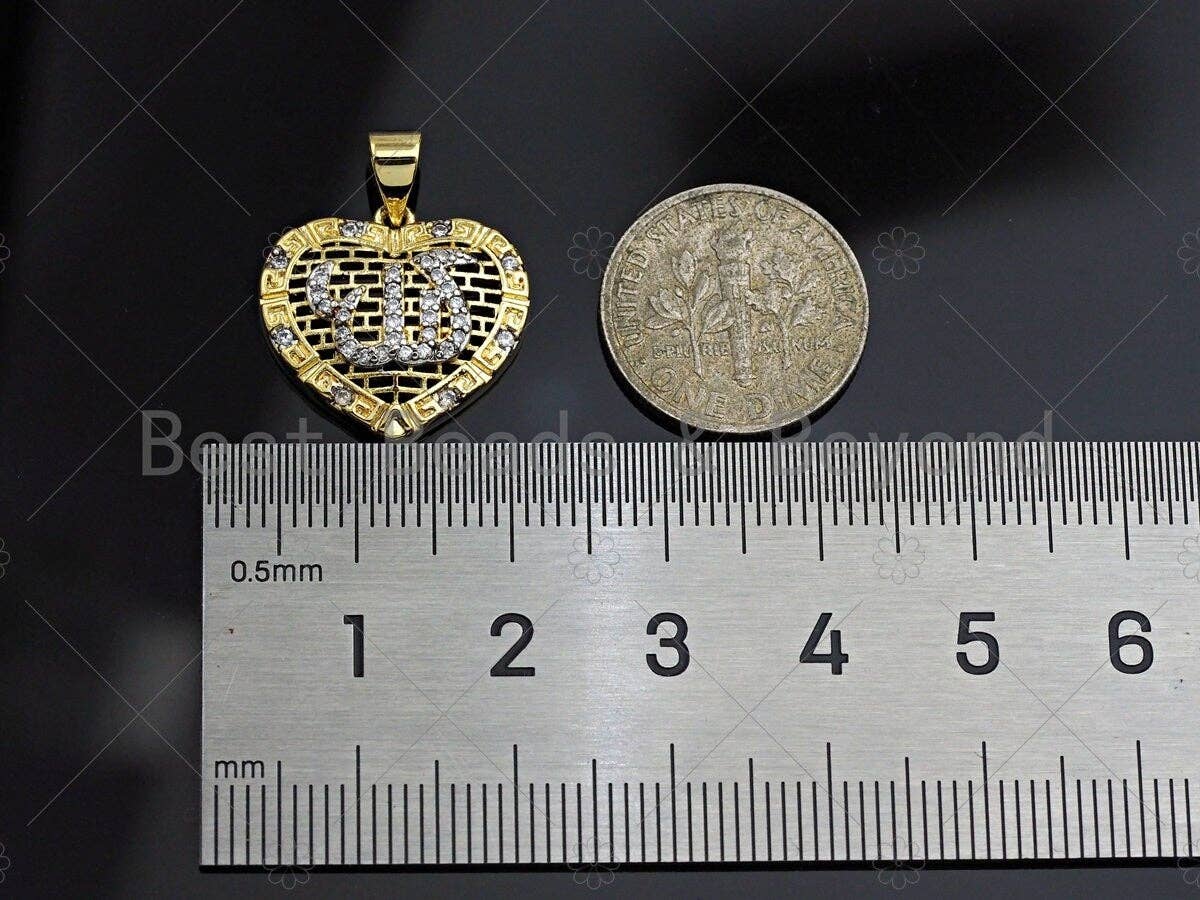 CZ Micro Pave Filigree Heart Shape Pendant, Gold Plated Yoga Sign, Necklace Bracelet Charm Pendant, 18x17mm,sku#F1234