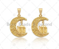 CZ Micro Pave Palace On Cresent Moon Shape Pendant/Charm, Sku#F1358C