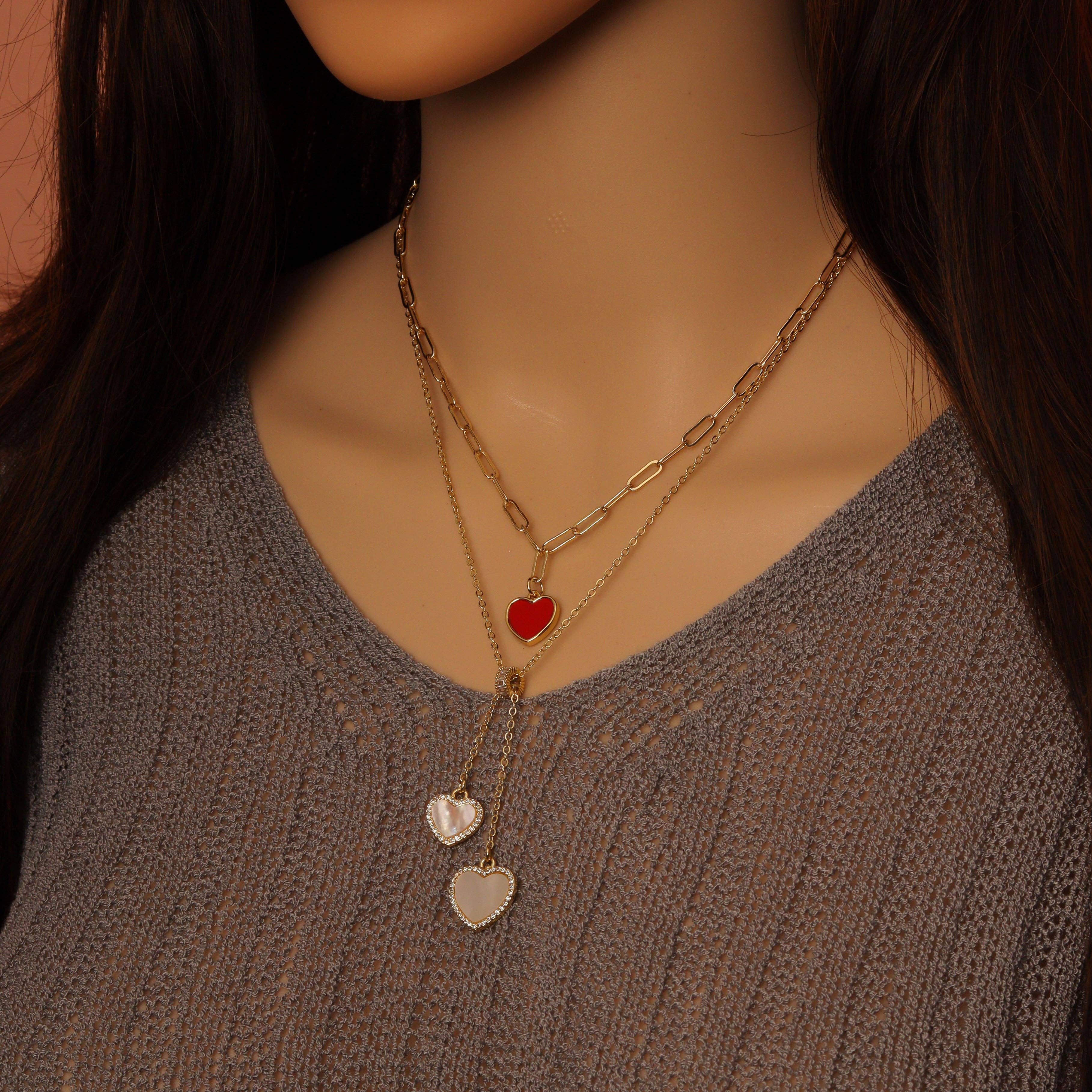 Gold Chain Red Heart White Mop Heart Pendant Necklace, Sku#E