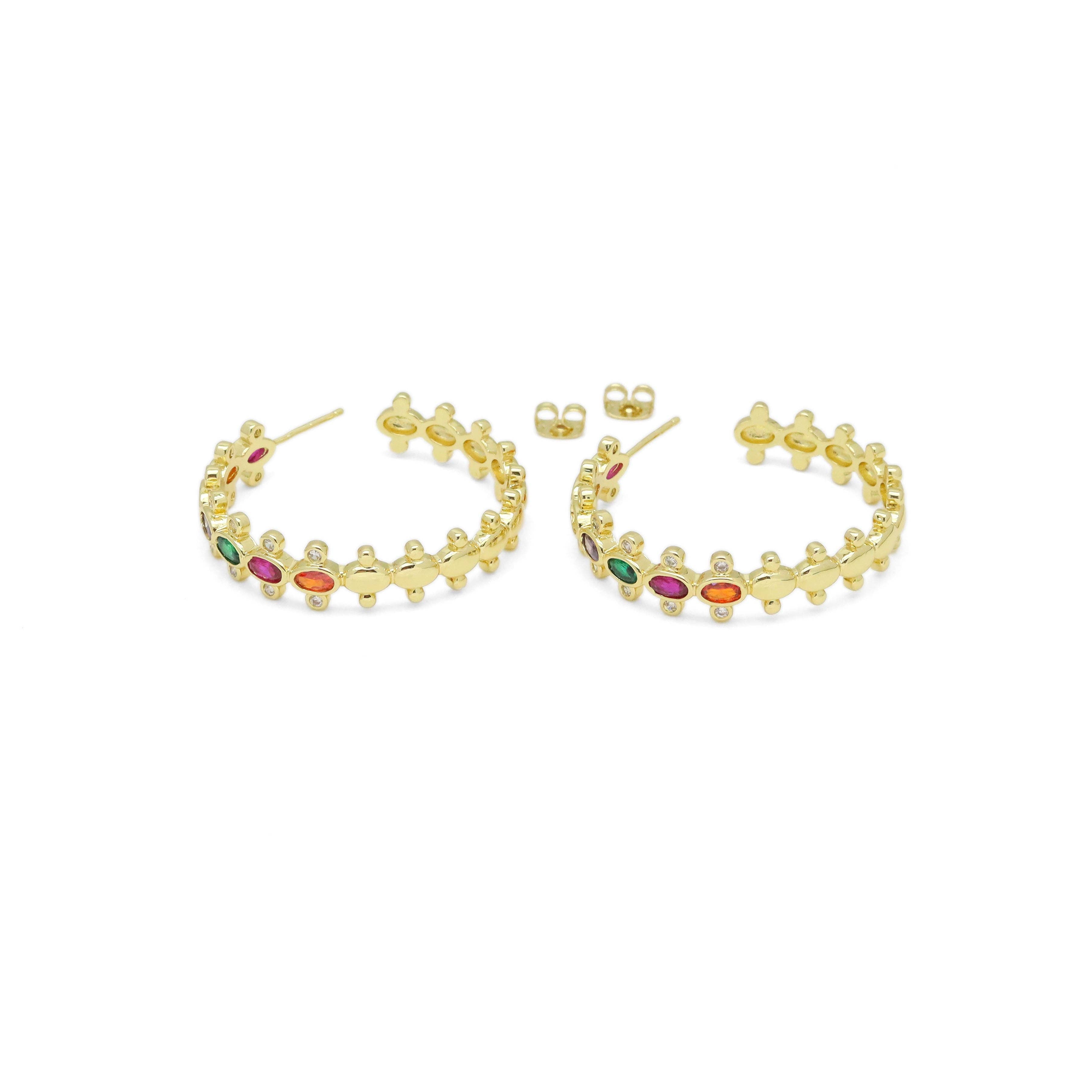 Colorful Oval CZ Gold Hoop Earrings, Sku#LD531