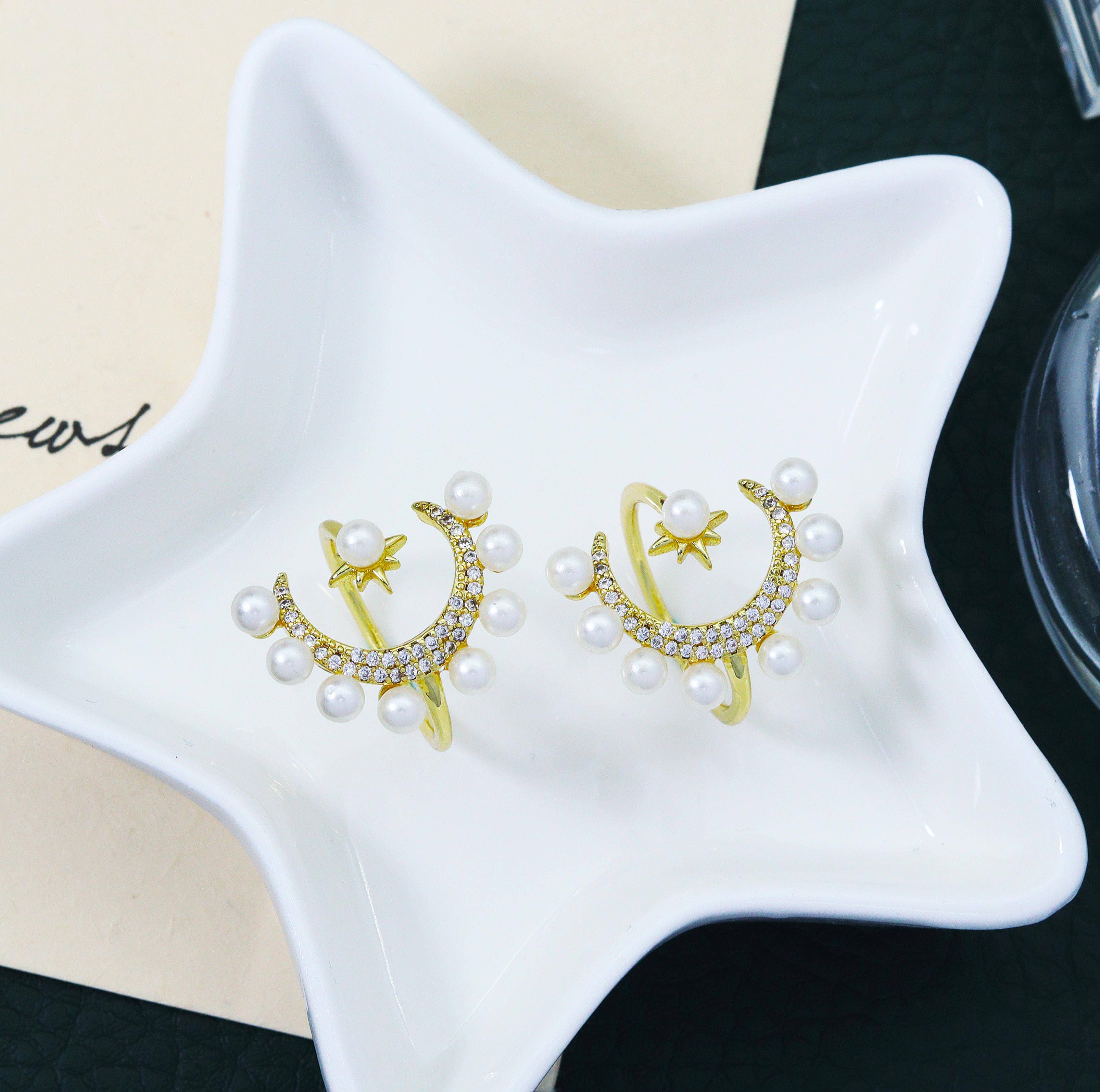 CZ Crescent Moon North Star Pearl Adjustable Ring, Sku#O104