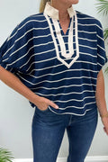 Melissa -Blue Stripe Stand Collar V Neck Cuffs Half Sleeve Dolman Top