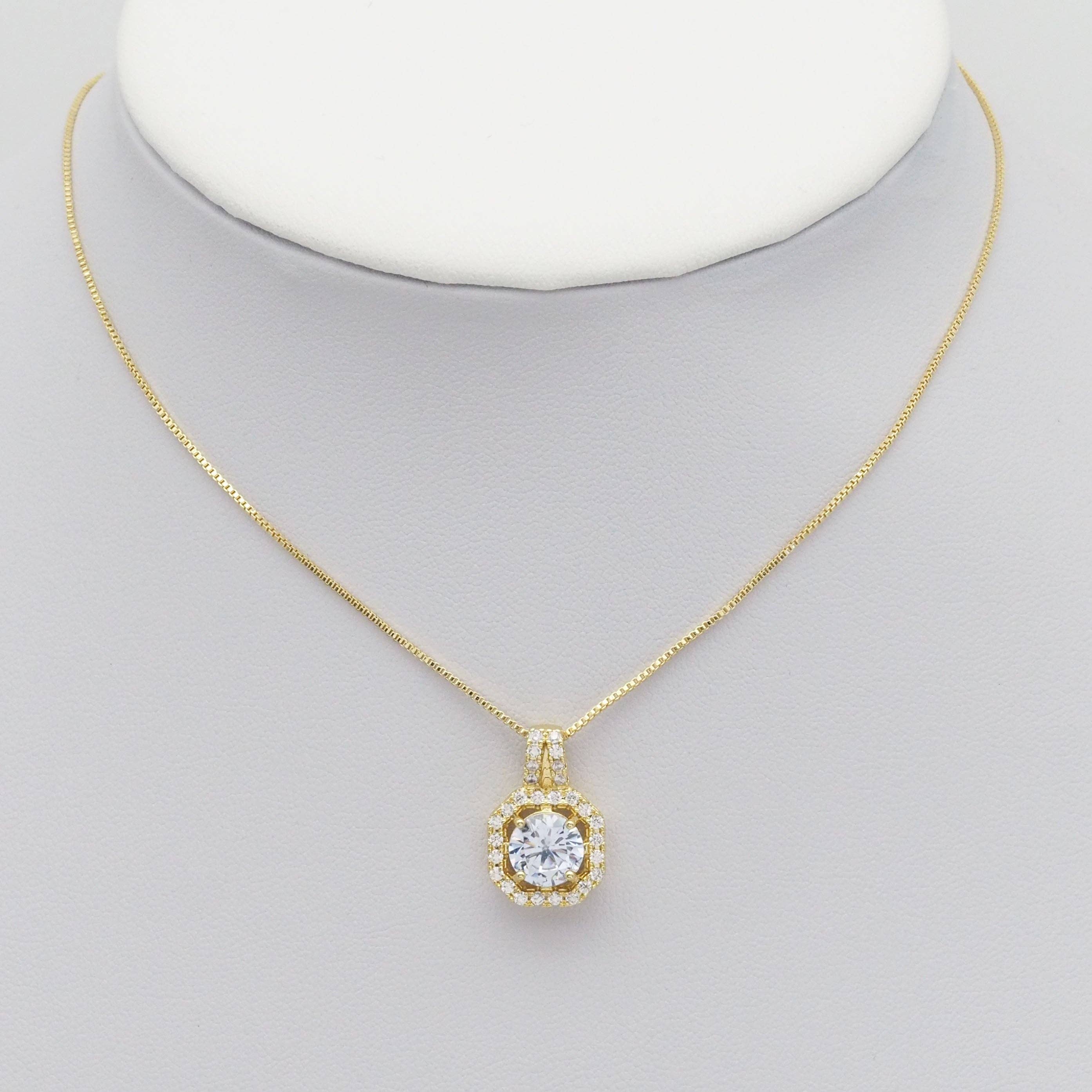 Clear CZ Round Square Gold Stud Earrings Pendant Necklace, Sku#LK904