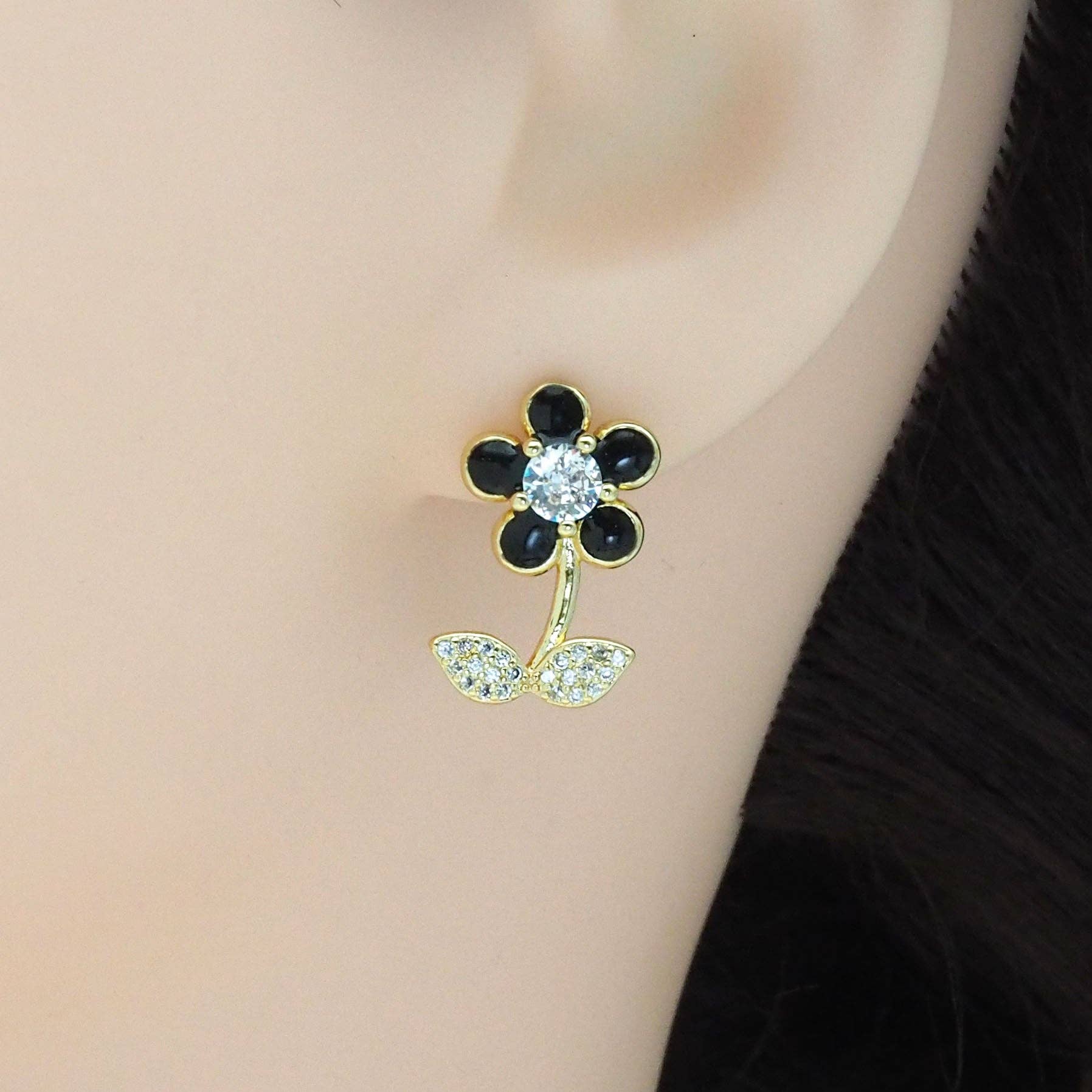 Colorful Enamel CZ Gold Flower Stud Earrings, Sku#LK839