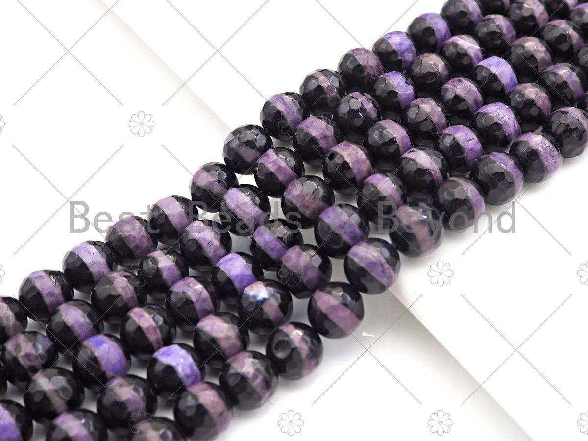 Dzi Agate Faceted Round Beads with Purple Line, 6mm/8mm/10mm/12mm, Purple Black Tibetan Beads, Agate Beads, 15.5'' Full Strand,Sku#U1074
