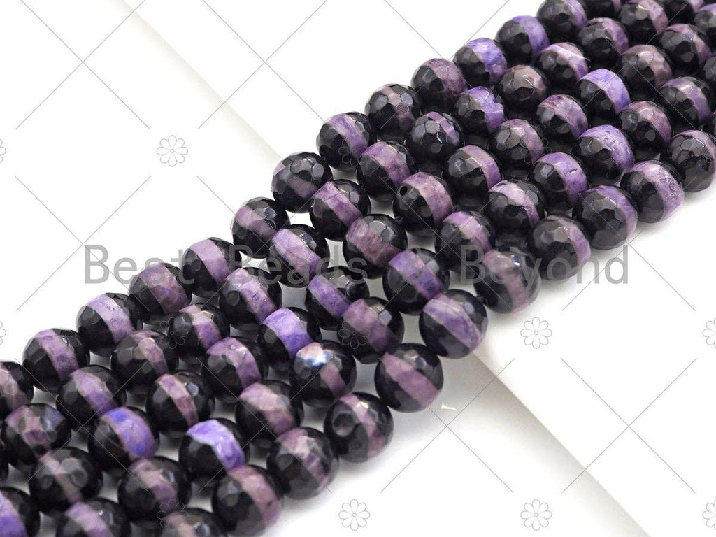 Dzi Agate Faceted Round Beads with Purple Line, 6mm/8mm/10mm/12mm, Purple Black Tibetan Beads, Agate Beads, 15.5'' Full Strand,Sku#U1074