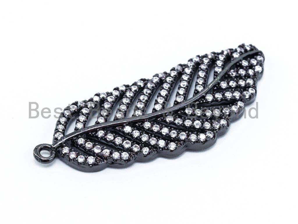 CZ Micro Pave Leaf Pendant, Clear CZ Pave in Gold Rose Gold Black Silver Finish, Pave Charm, 13x33mm, sku#B39