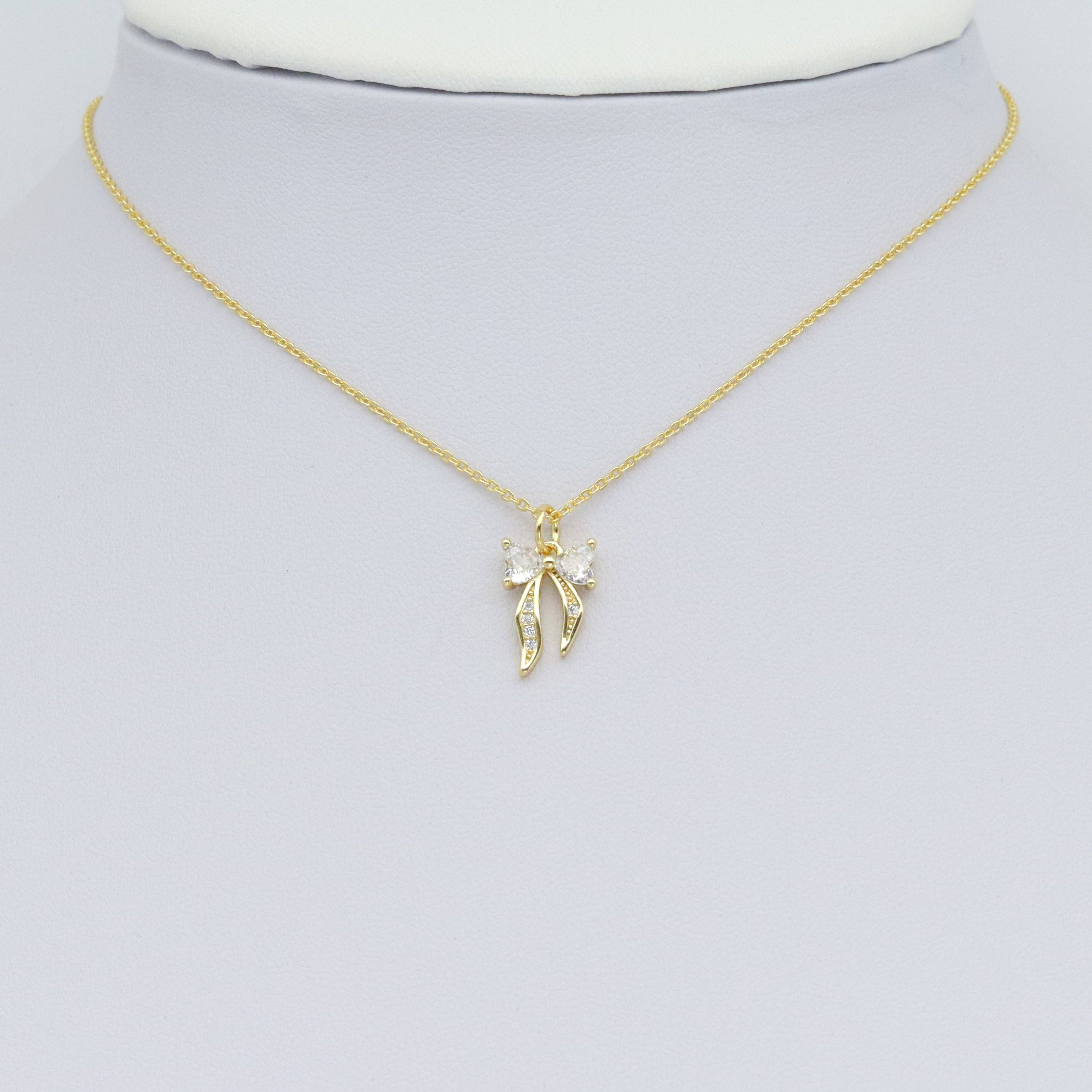 Gold Clear Heart CZ Bowknot Charm Pendant, Sku#LK985