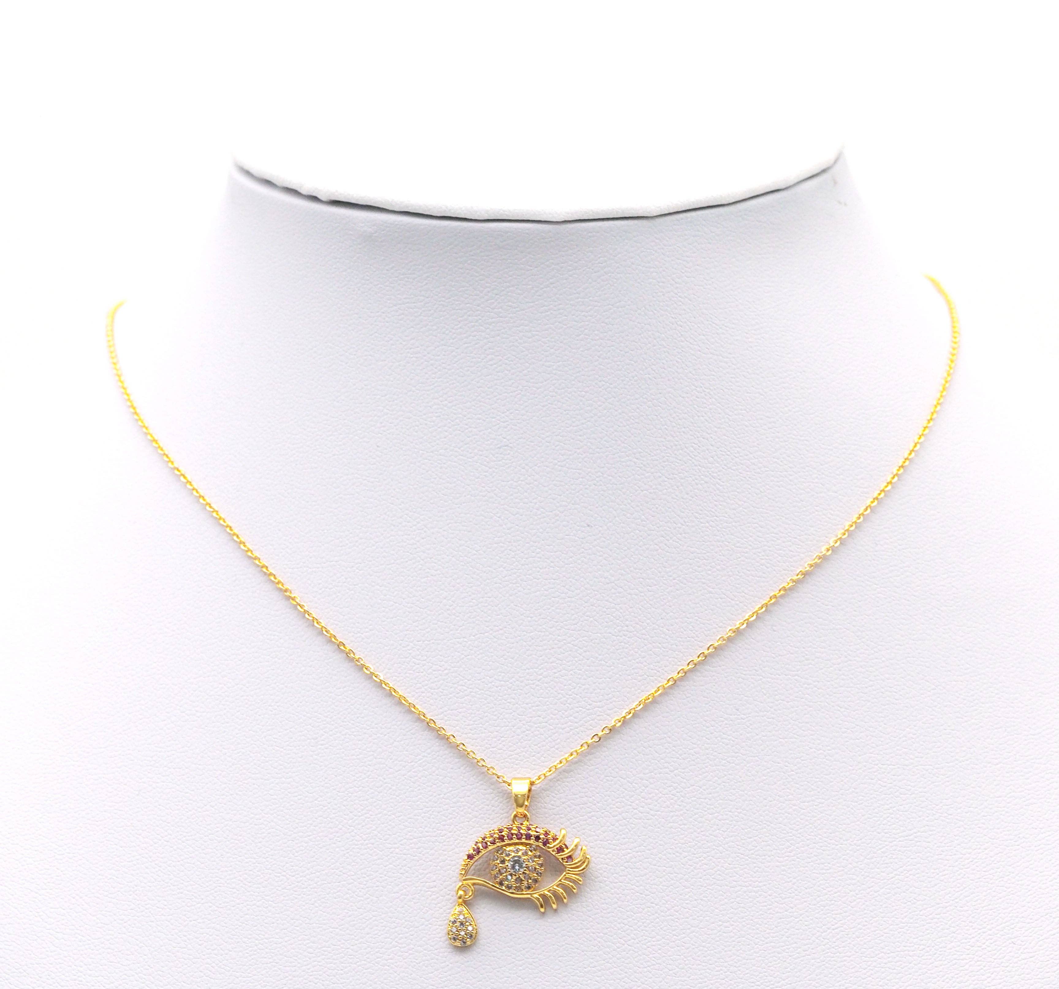 Gold Fuchsia CZ Evil Eye With Tear drop Charm, Sku#LD331