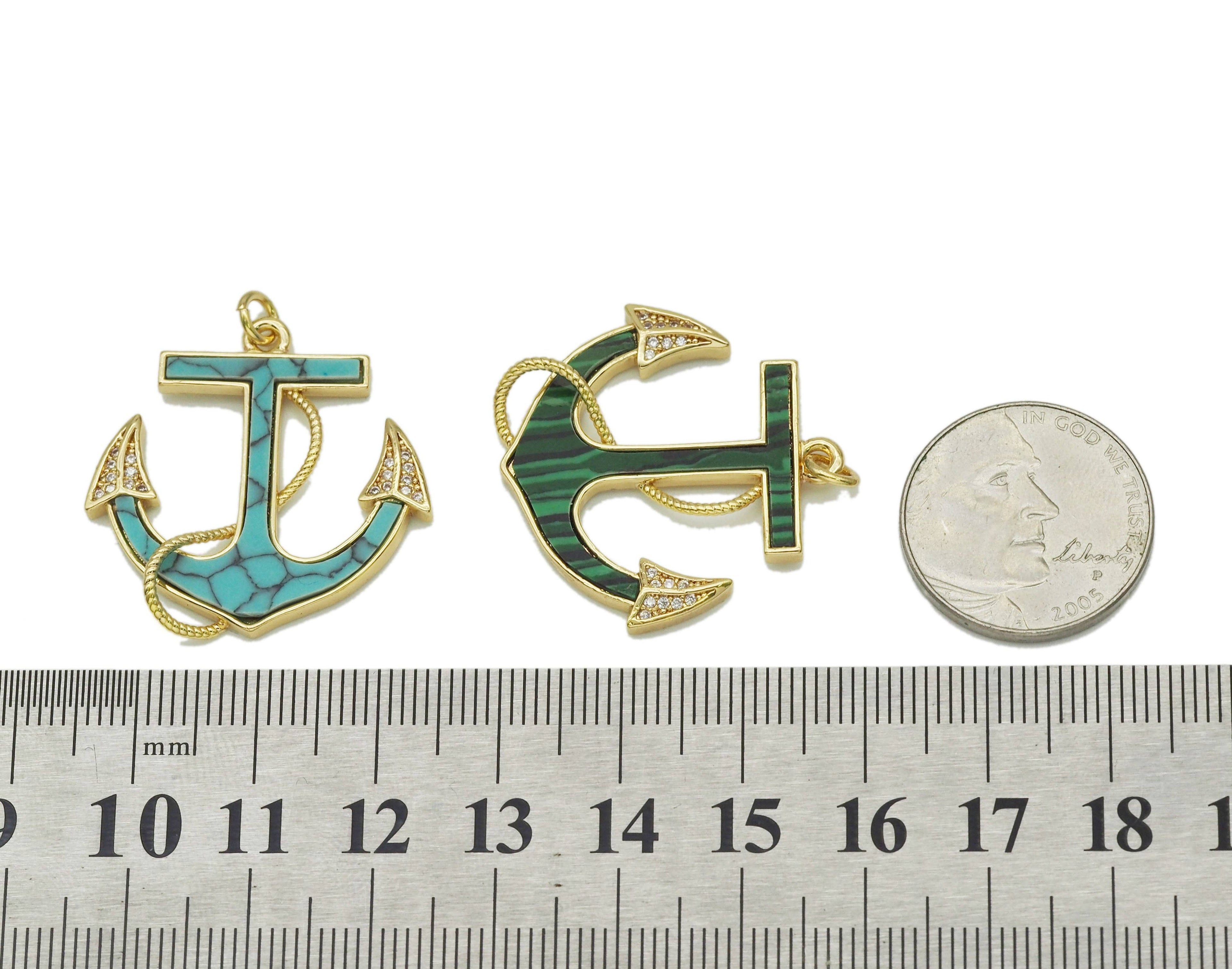 Gold CZ Turquoise Malachite Boat Anchor Charm, Sku#L687