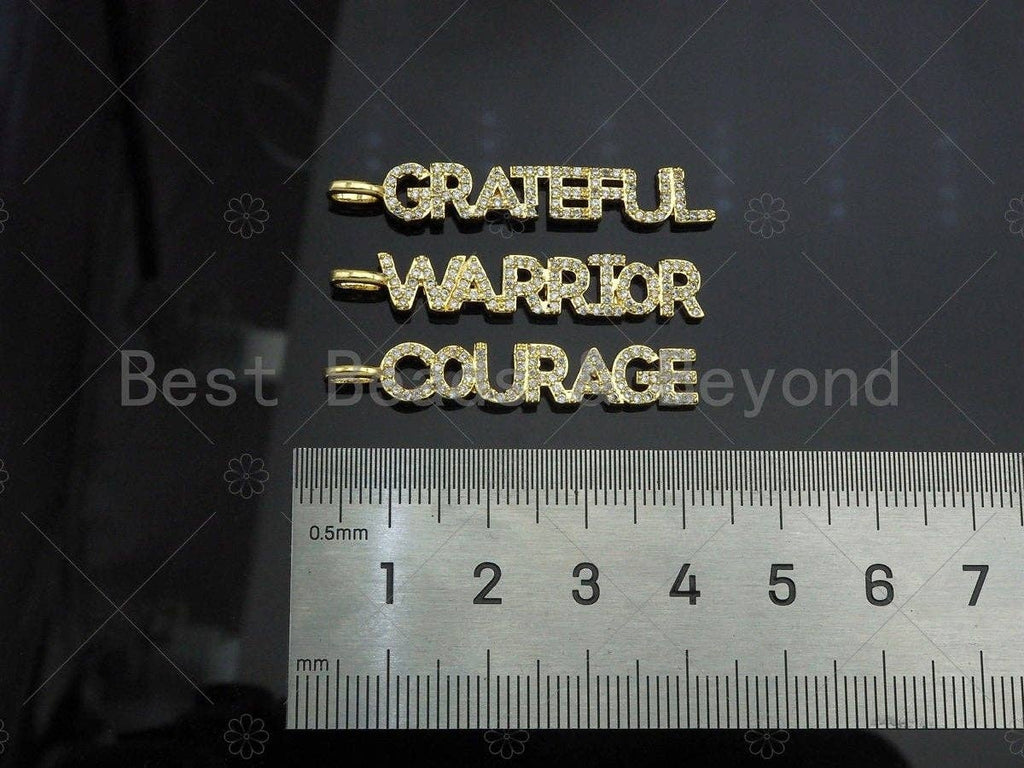 CZ Micro PaveWarrior Courage Grateful Words Pendant,Cubic Zirconia Gold Charm,Necklace Bracelet Charm Pendant,7x40mm,Sku#Z1307